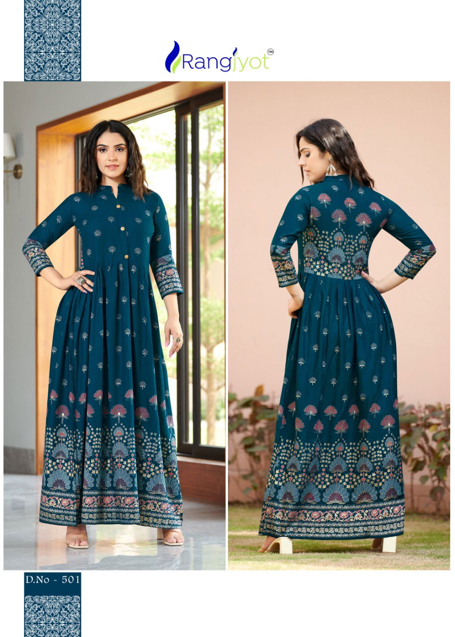 Rangjyot Sehnaaz 501 Rayon Designer Party Wear Long Anarkali Kurti Collection